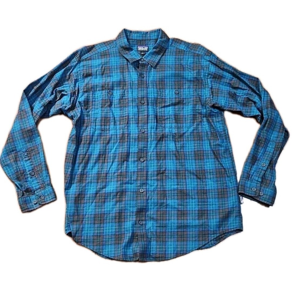 Patagonia Mens Large Green Blue Plaid Button Up Long Sleeve Cotton Flannel Shirt